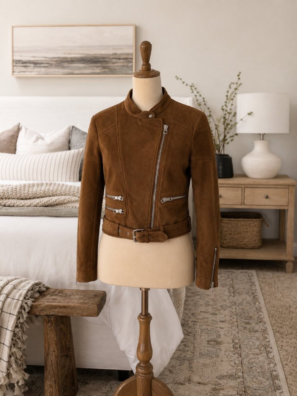 Zara TRF Ladies Brown Faux Suede Moto Jacket Small Heavy Jacket